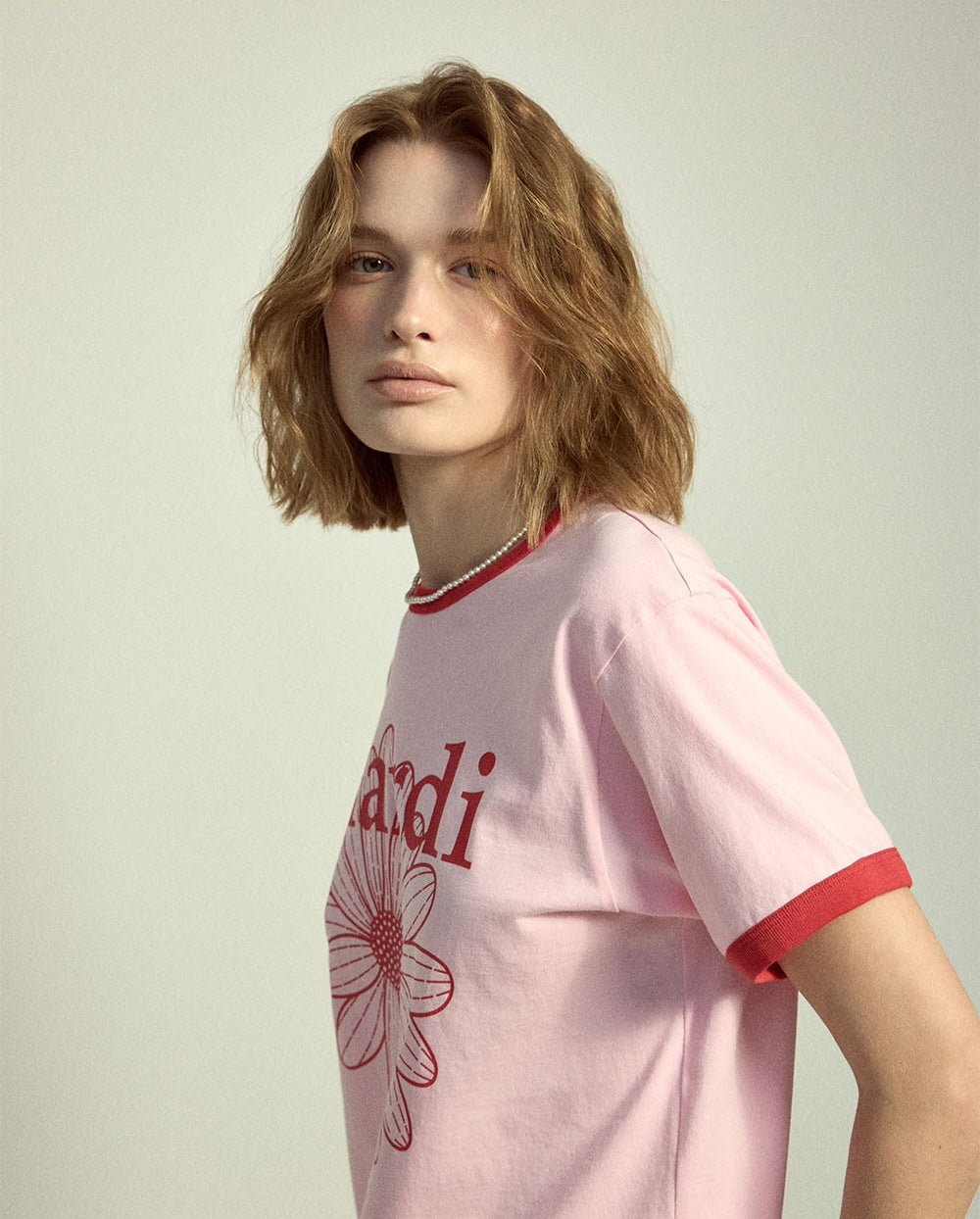Slim Ringer Tshirt FLOWERMARDI Light Pink Red