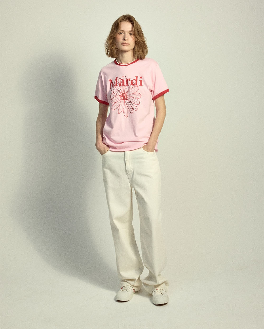 Slim Ringer Tshirt FLOWERMARDI Light Pink Red