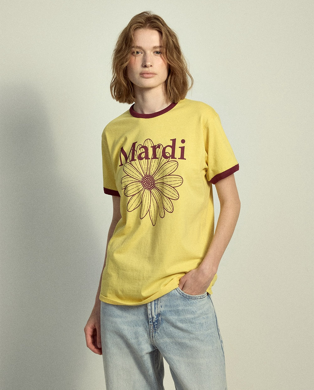 Slim Ringer Tshirt FLOWERMARDI Yellow Burgundy