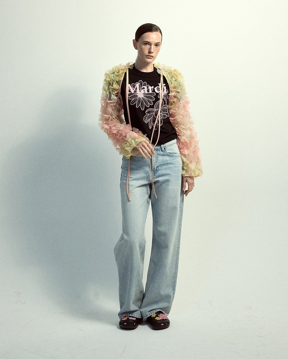 Slim Tshirt TRIPLE FLOWER Black Pink