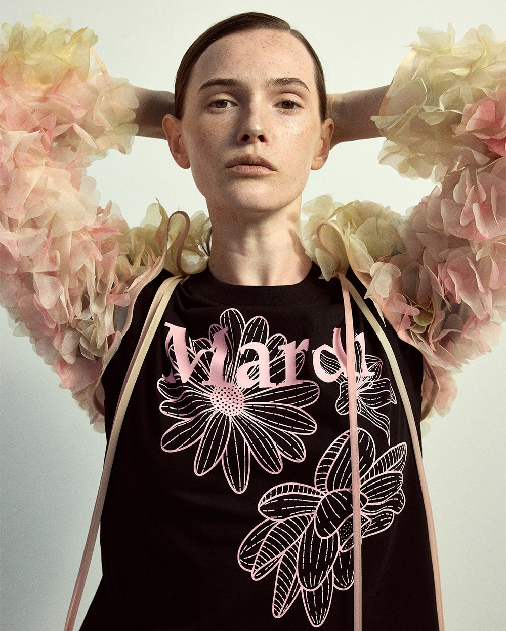 Slim Tshirt TRIPLE FLOWER Black Pink