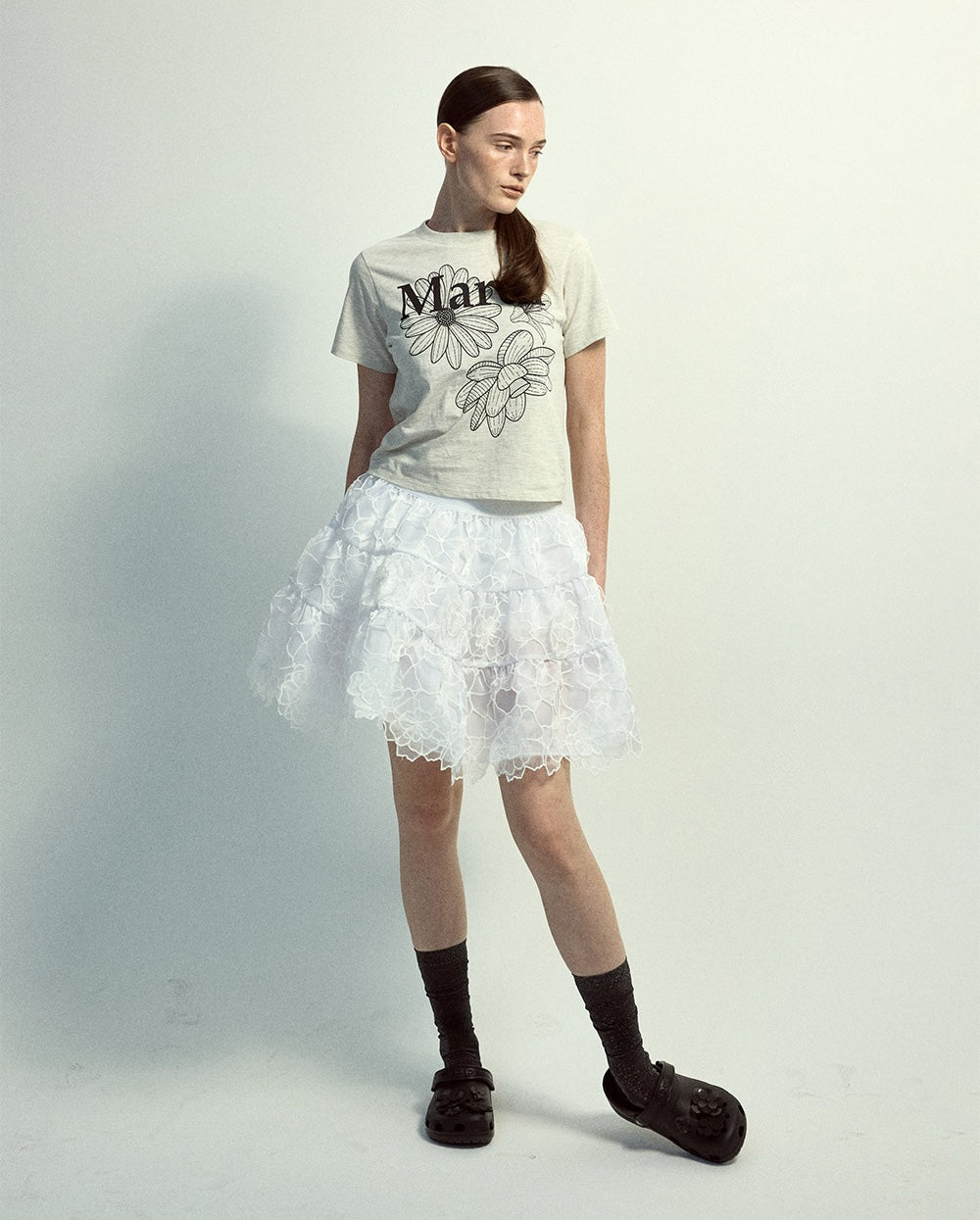 Slim Tshirt TRIPLE FLOWER Oatmeal Black