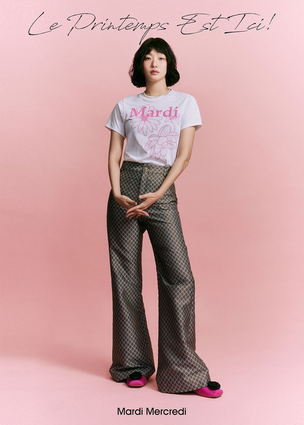 Slim Tshirt TRIPLE FLOWER White Pink