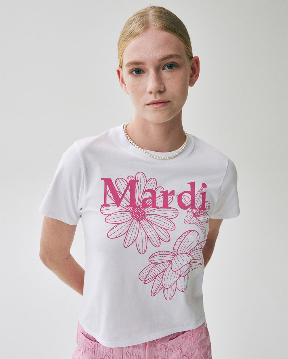 Slim Tshirt TRIPLE FLOWER White Pink