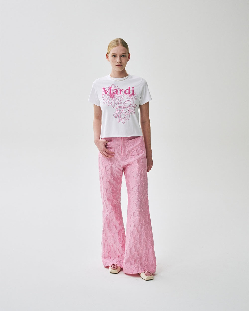 Slim Tshirt TRIPLE FLOWER White Pink