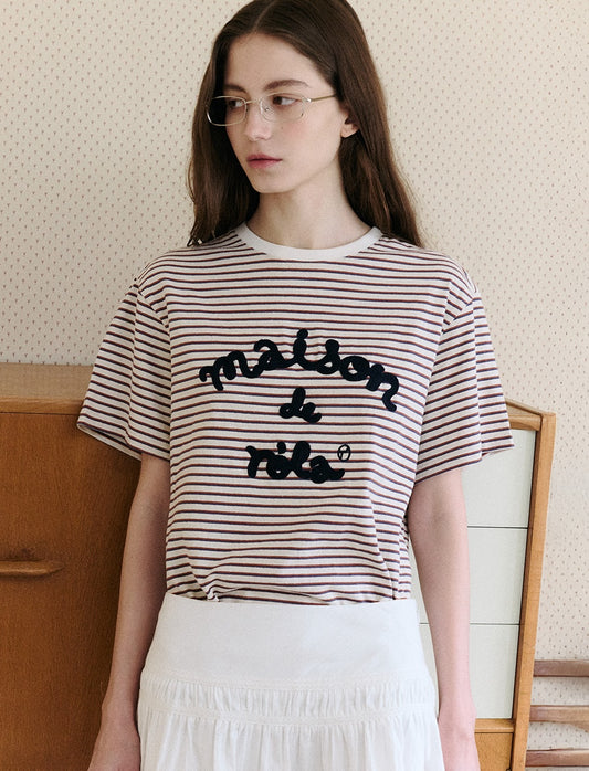 Stripe Maison De Rola Embroidery T-Shirt Brown