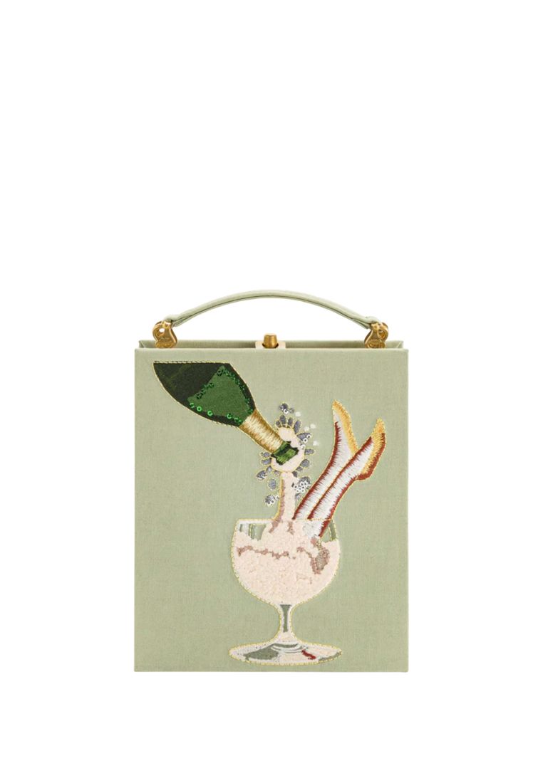 Taya-Wine Glass Pattern Embroidery Book shape clutch bag- light green