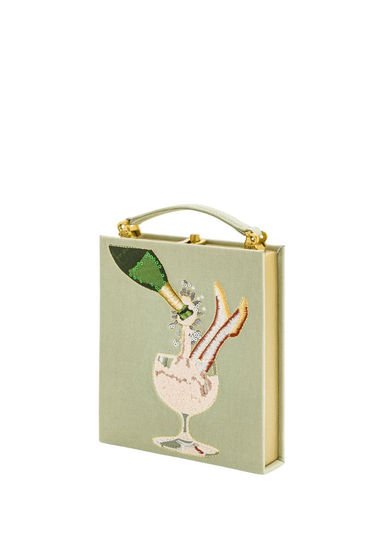 Taya-Wine Glass Pattern Embroidery Book shape clutch bag- light green