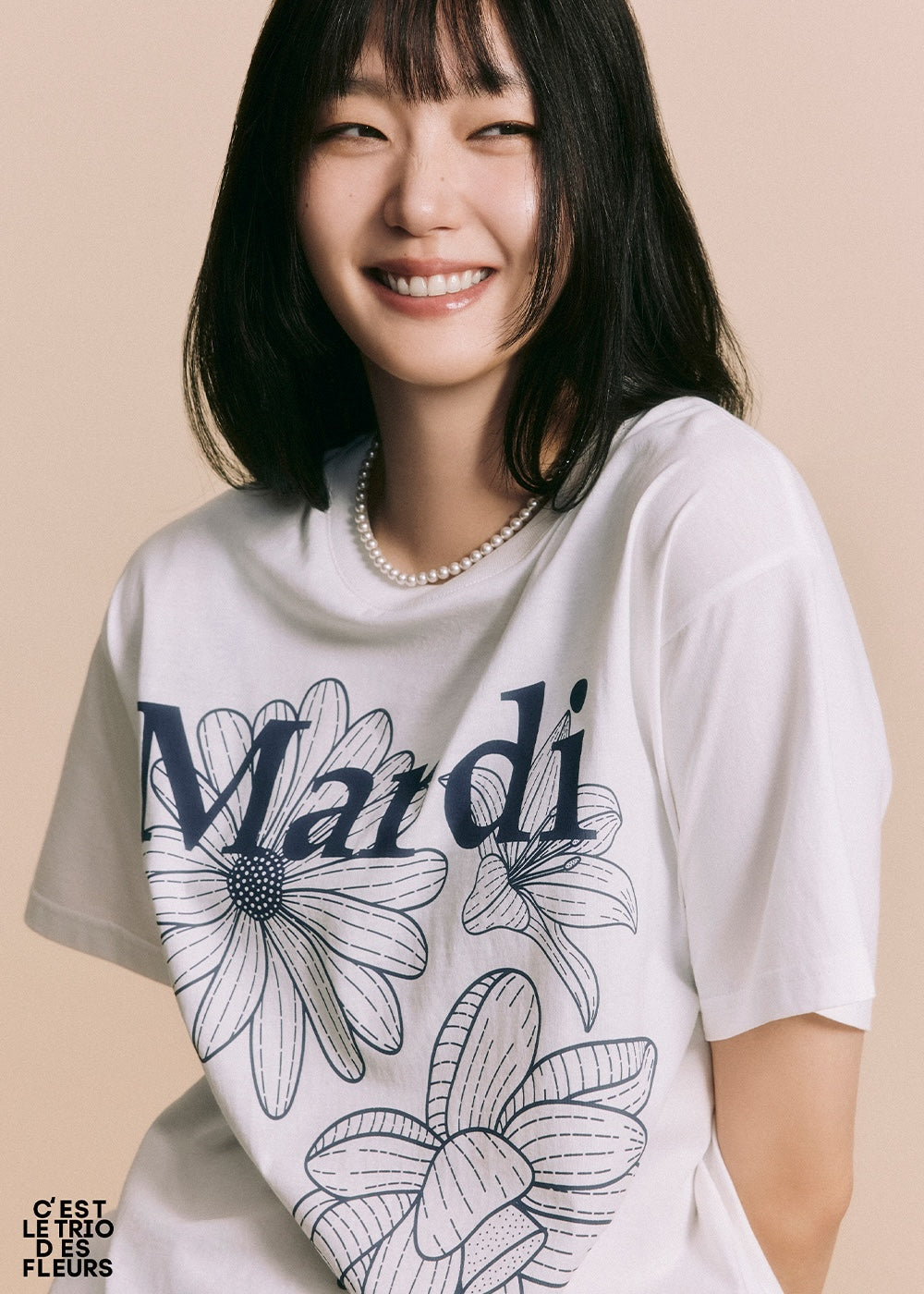 Tshirt TRIPLE FLOWER Ivory Navy