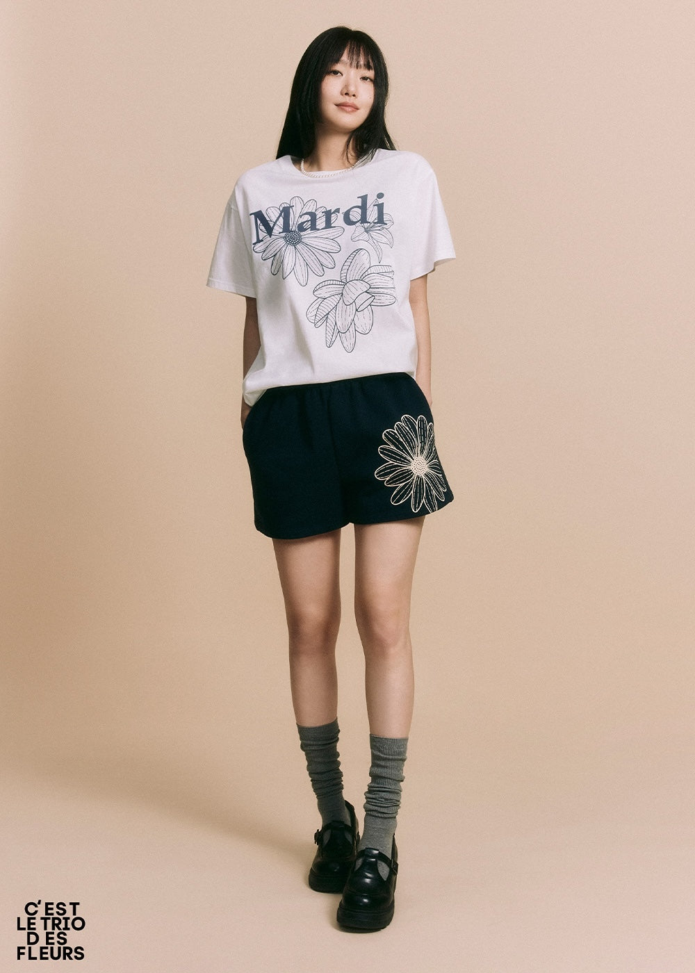 Tshirt TRIPLE FLOWER Ivory Navy