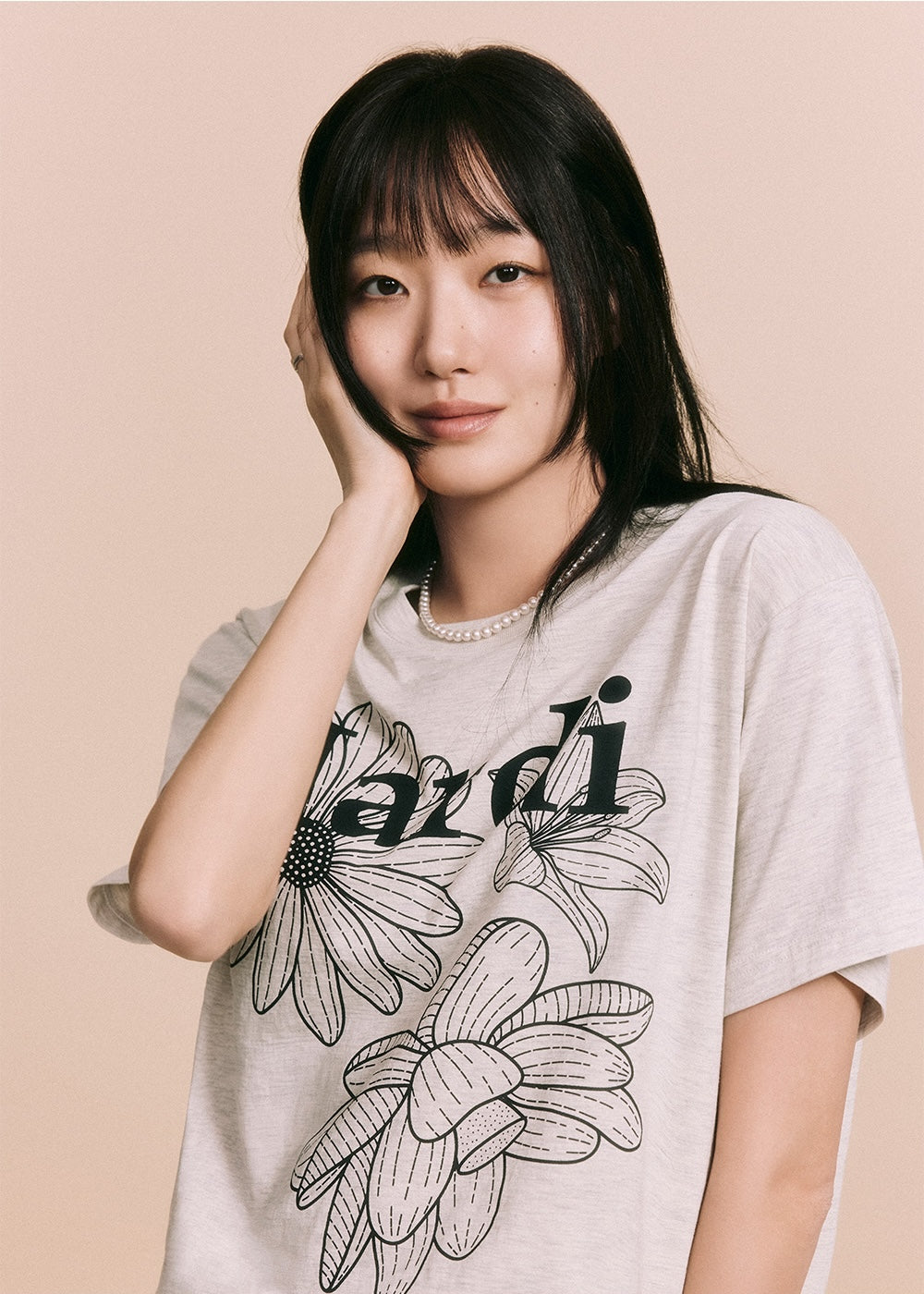 Tshirt TRIPLE FLOWER Oatmeal Black