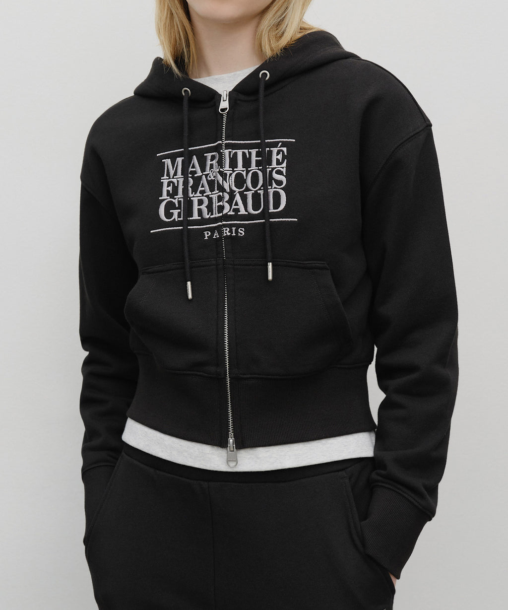 W EMBROIDERY CLASSIC LOGO CROP HOODIE ZIPUP black