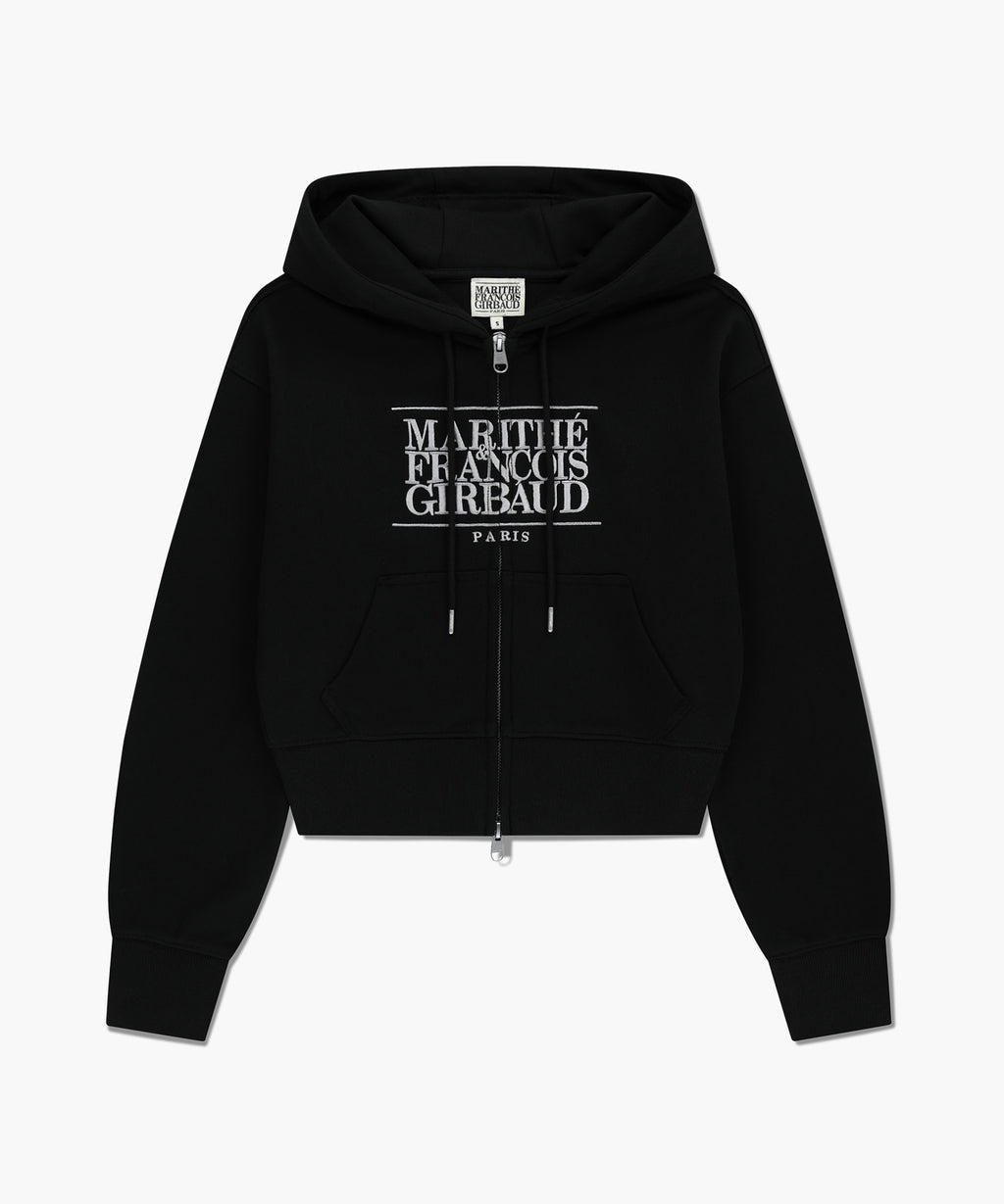 W EMBROIDERY CLASSIC LOGO CROP HOODIE ZIPUP black