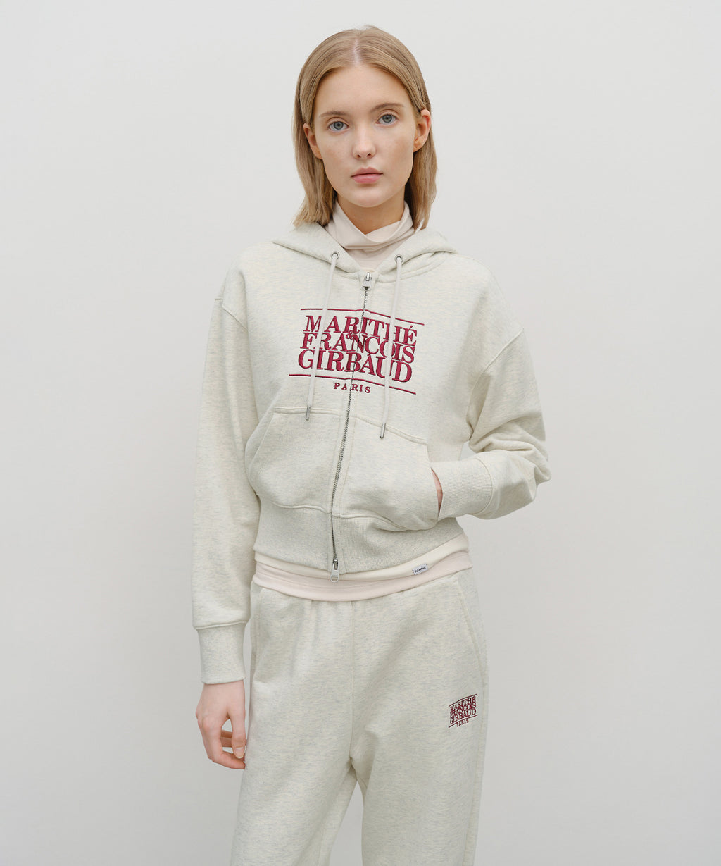 W EMBROIDERY CLASSIC LOGO CROP HOODIE ZIPUP oatmeal