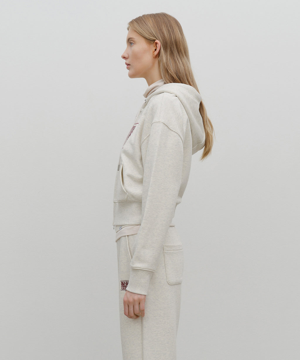 W EMBROIDERY CLASSIC LOGO CROP HOODIE ZIPUP oatmeal