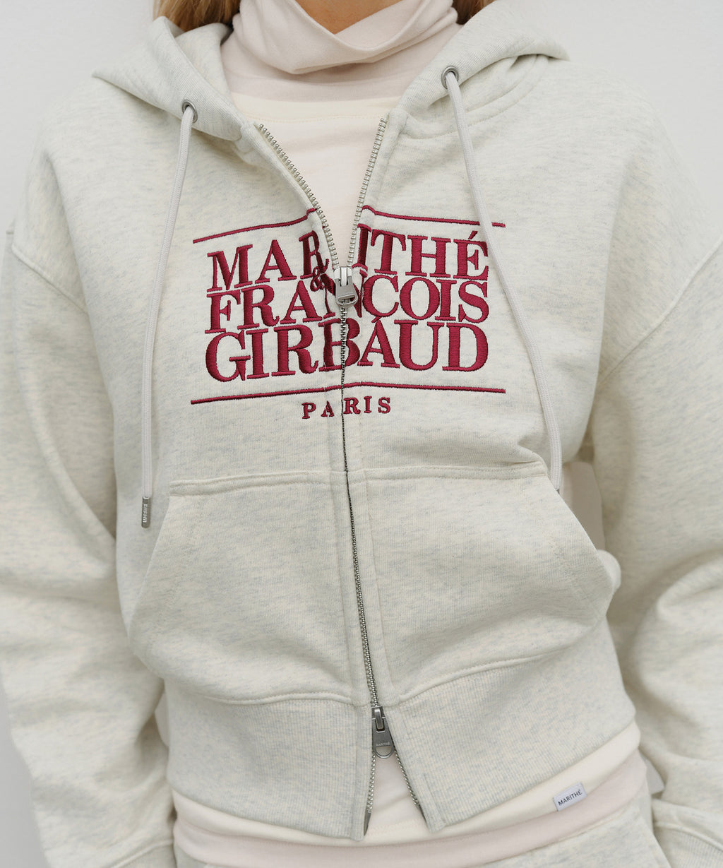 W EMBROIDERY CLASSIC LOGO CROP HOODIE ZIPUP oatmeal