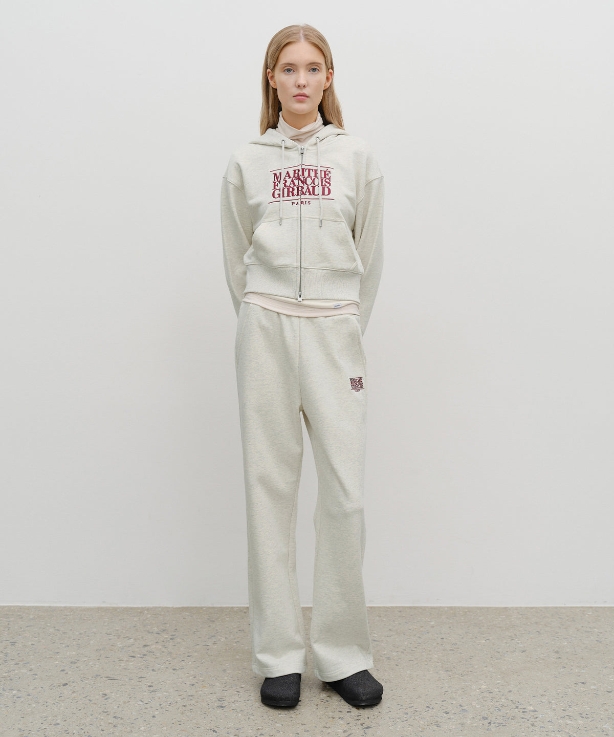 W EMBROIDERY CLASSIC LOGO CROP HOODIE ZIPUP oatmeal