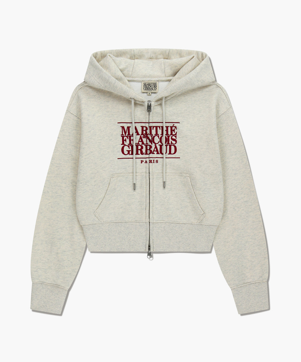 W EMBROIDERY CLASSIC LOGO CROP HOODIE ZIPUP oatmeal