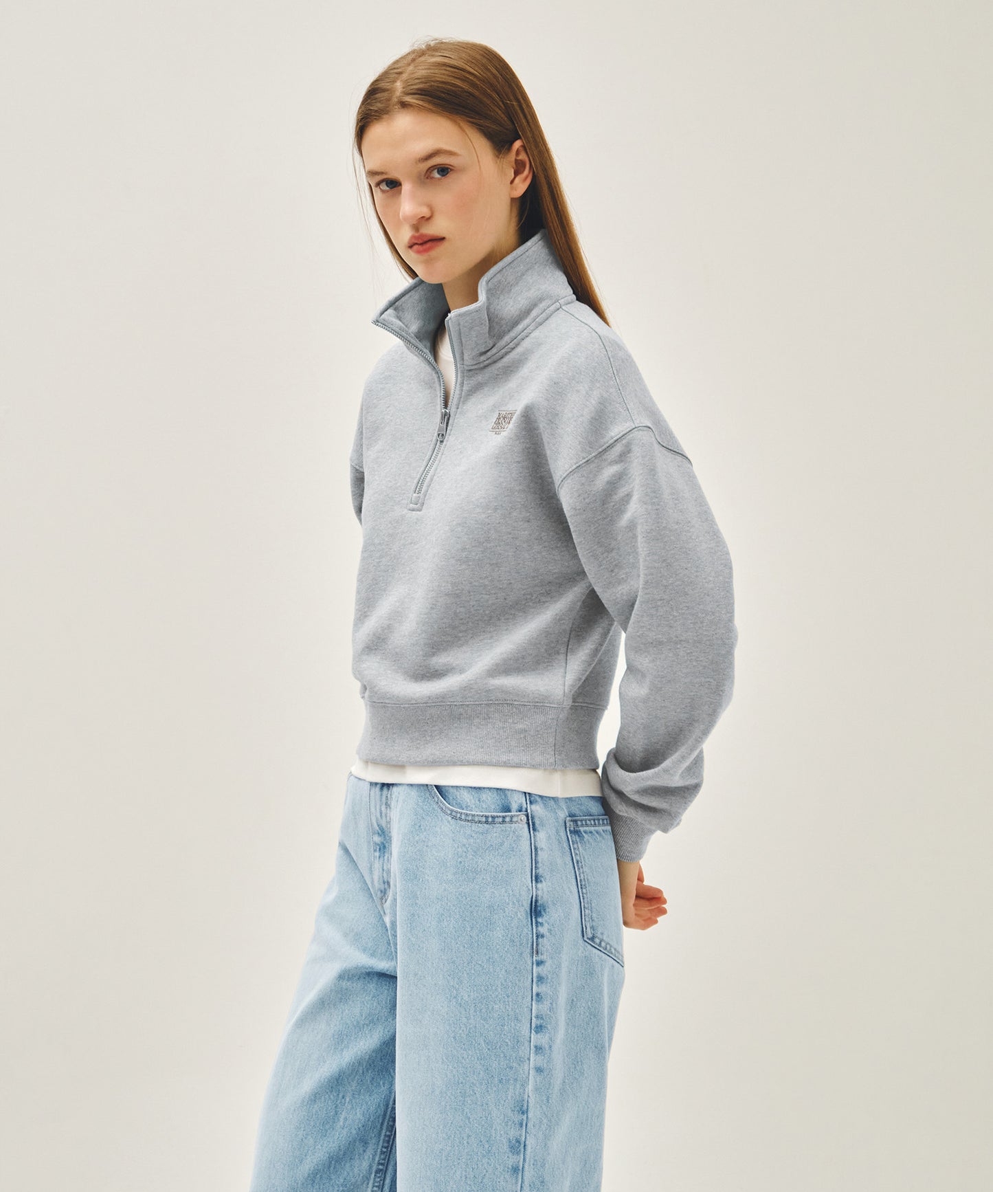 W SMALL CLASSIC LOGO HALF ZIPUP CROP SWEATSHIRT heather gray