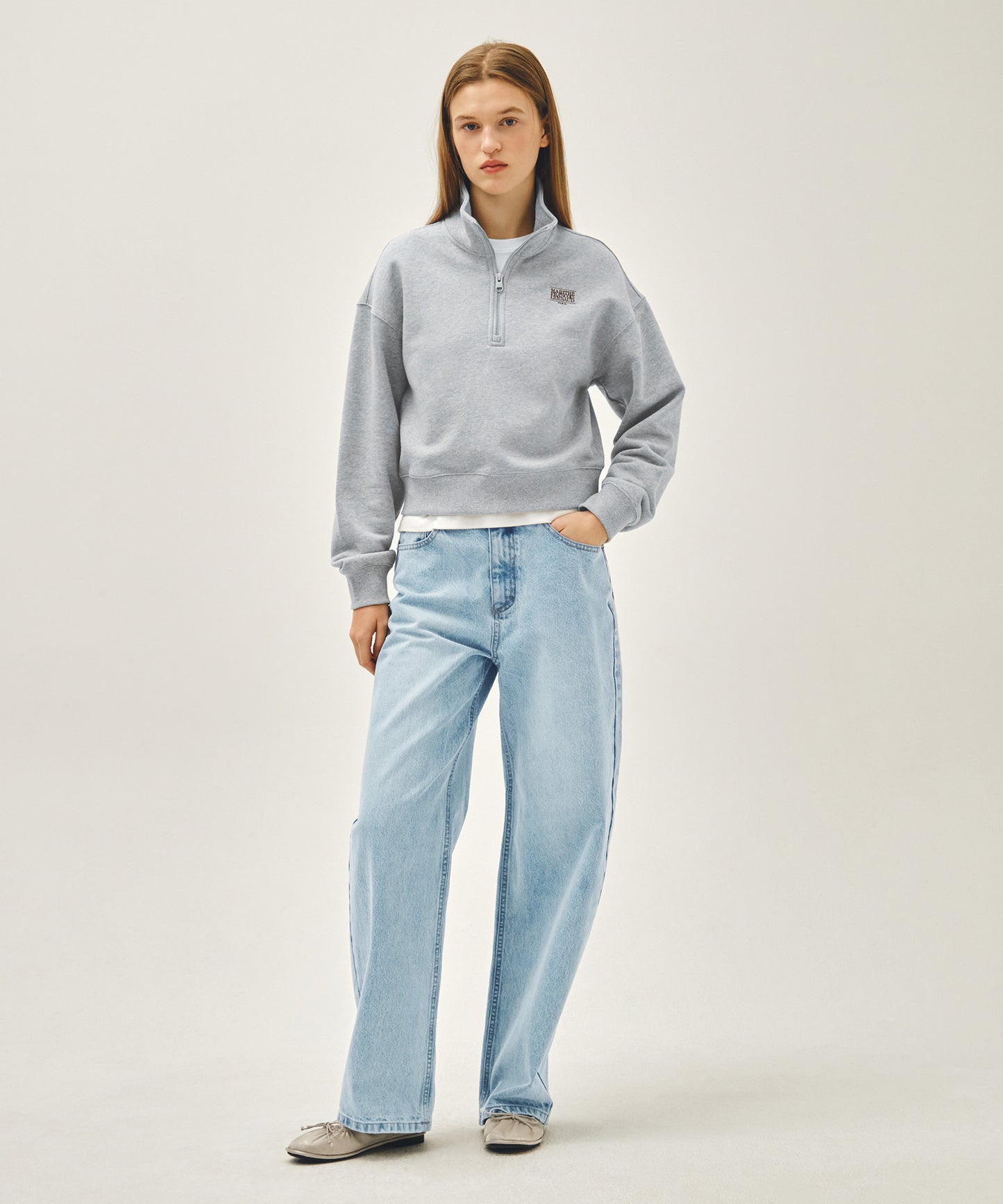 W SMALL CLASSIC LOGO HALF ZIPUP CROP SWEATSHIRT heather gray