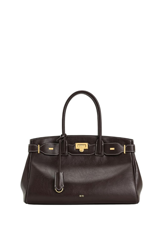 Ziva Metal Lock Decoration Tote Bag - Dark Brown