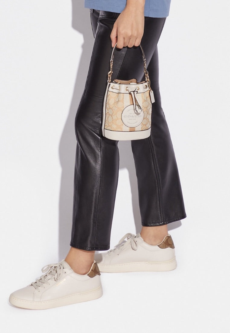 Mini Dempsey Bucket Bag In Signature Jacquard With Stripe And Coach Patch Light Khaki Chalk