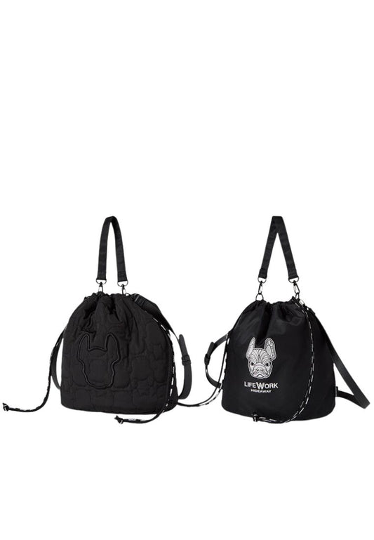 Embroidered Quilted Bucket Bag Black