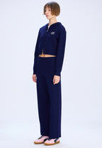 W Classic Logo Crop Knit Hoodie Zip-Up Navy