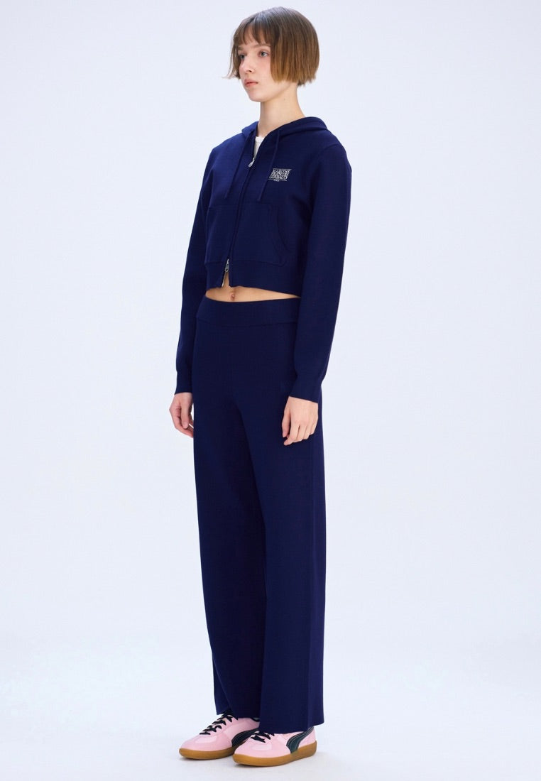 W Classic Logo Crop Knit Hoodie Zip-Up Navy