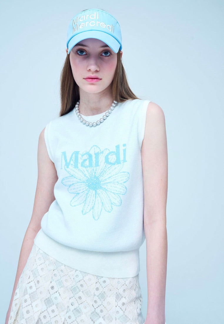 Mardi Flower Sleeveless Knit Top Ivory Sky