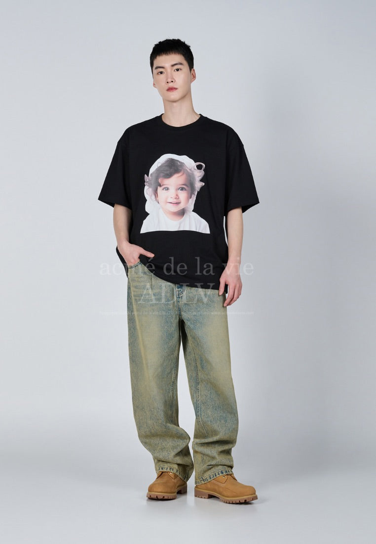 Baby Face Wave Hair Short Sleeve T-Shirt Black