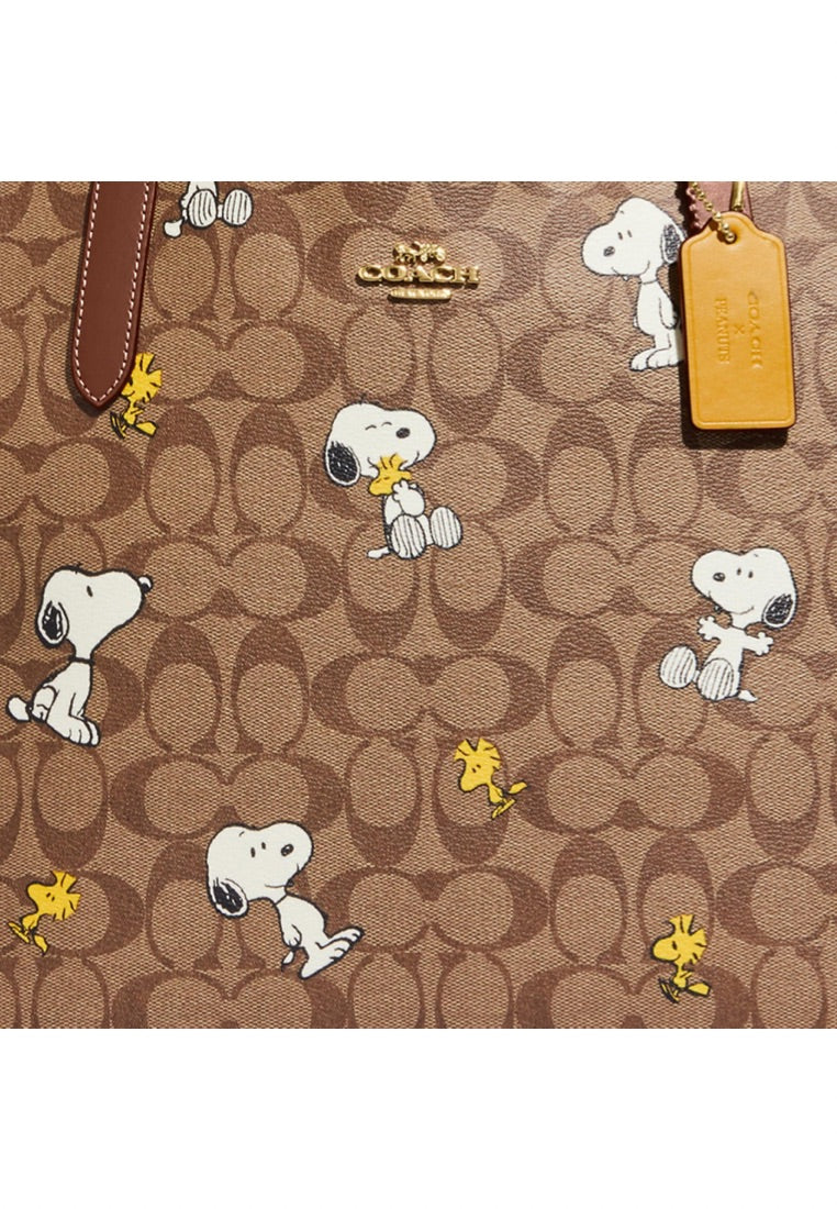 Coach X Peanuts City Tote In Signature Canvas With Snoopy Woodstock Print Redwood Multi