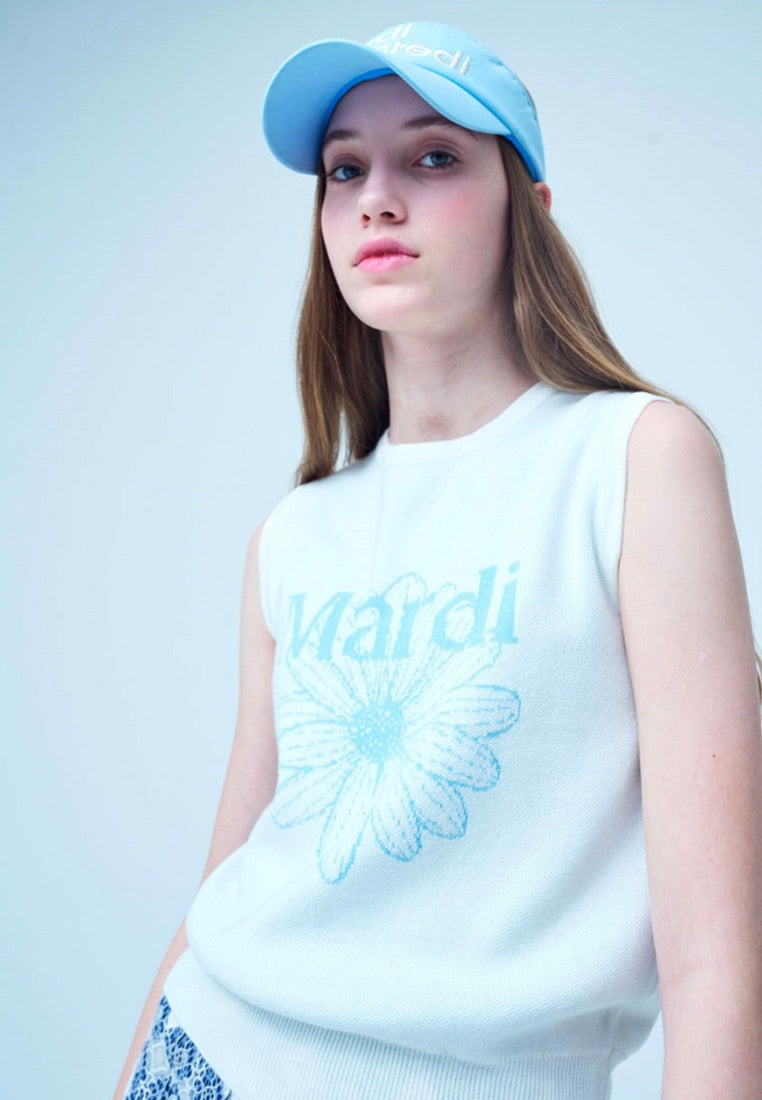 Mardi Flower Sleeveless Knit Top Ivory Sky