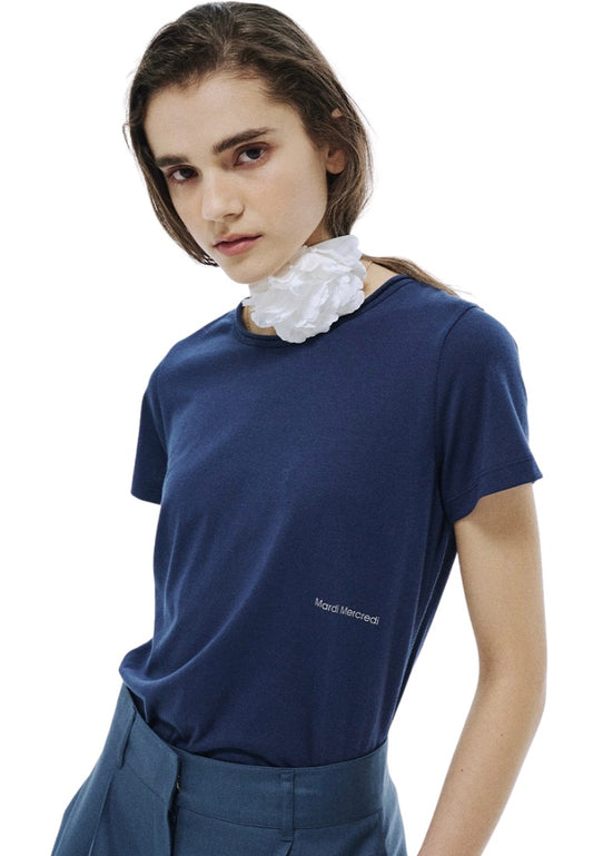 Premium Silk Blended TShirt Logo Slimfit Navy Beige