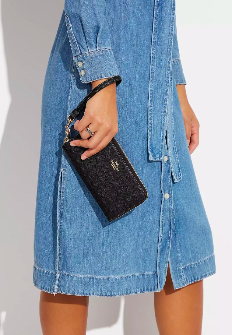 Boxed Long Zip Around Wallet In Signature Leather Black