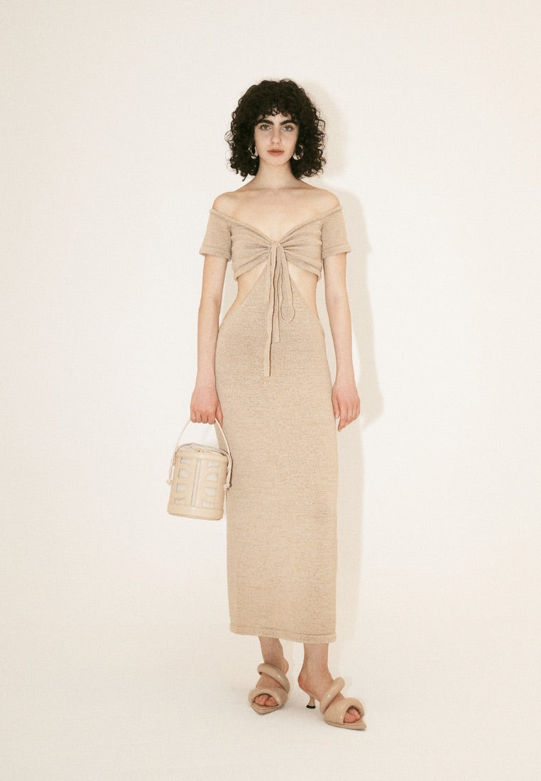 FEI Leather Cutout Bucket Bag - Beige