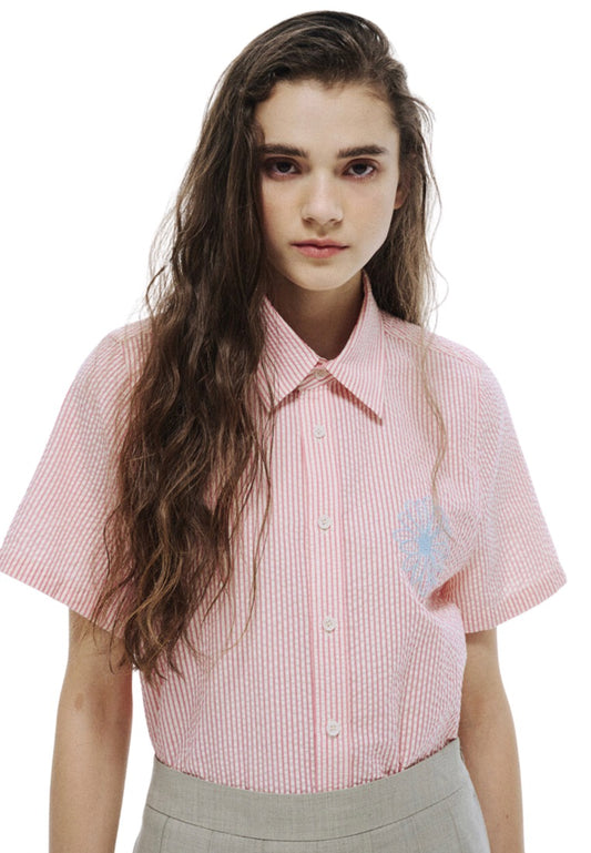 SEERSUCKER Shirt Half Sleeve Stripe Pink Blue