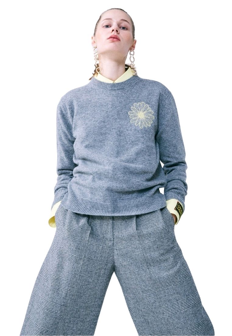 Cashmere Blended Basic Crew Neck Grey Lemon