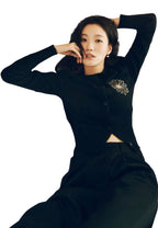 Cashmere Blended Cardigan Round Neck Black Latte