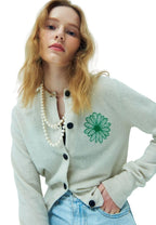 Cashmere Blended Cardigan Round Neck Ivory Green