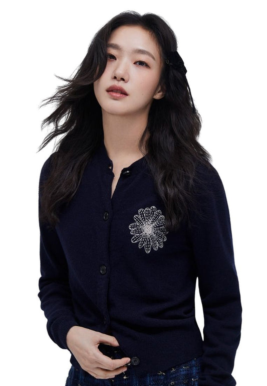 Cashmere Blended Cardigan Round Neck Navy Cream