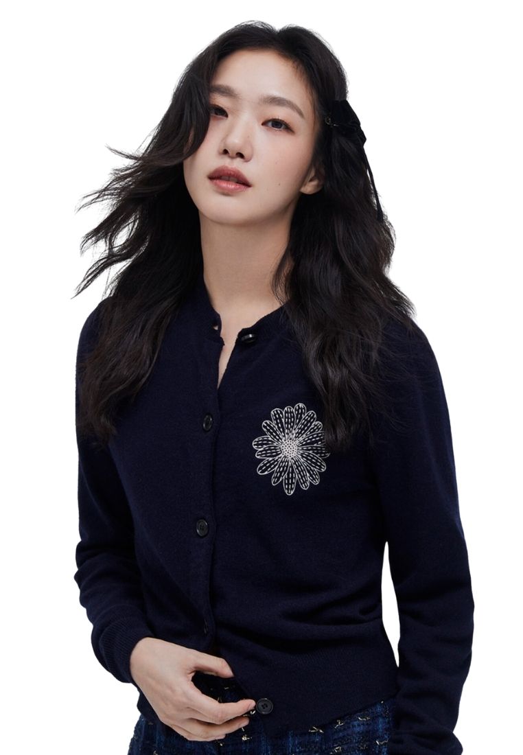 Cashmere Blended Cardigan Round Neck Navy Cream
