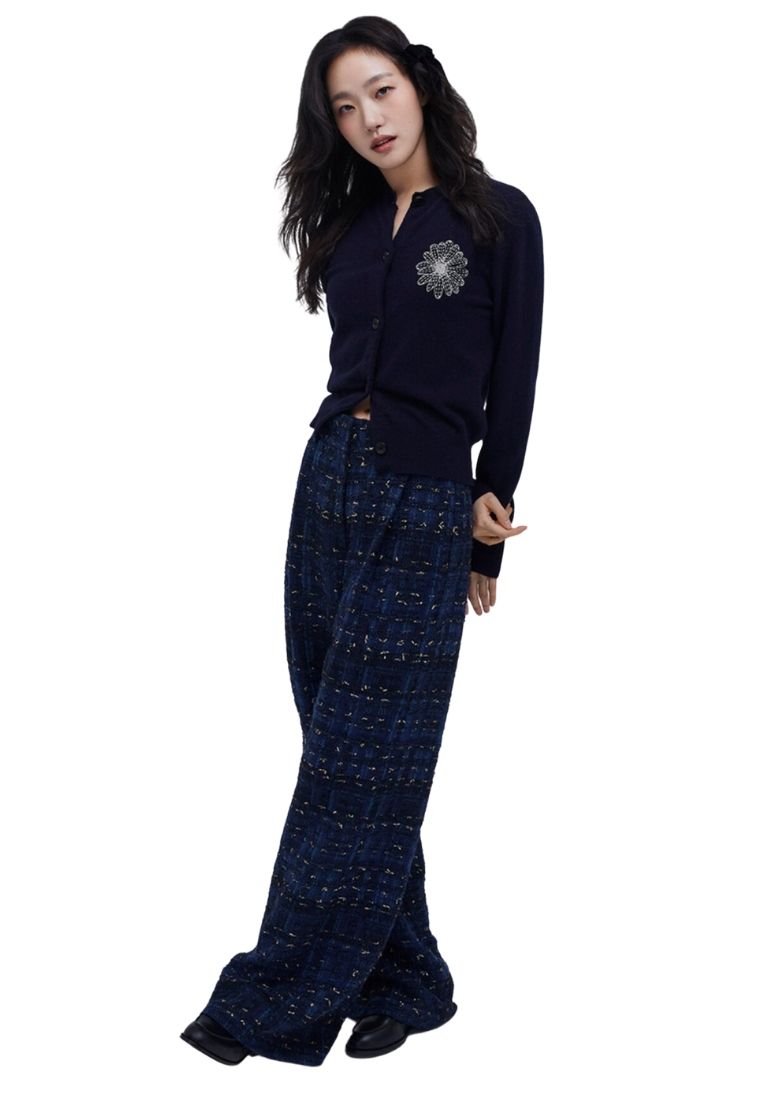 Cashmere Blended Cardigan Round Neck Navy Cream