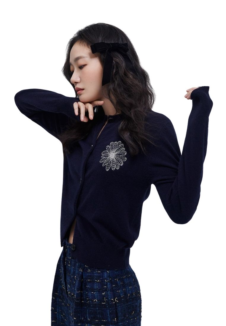 Cashmere Blended Cardigan Round Neck Navy Cream