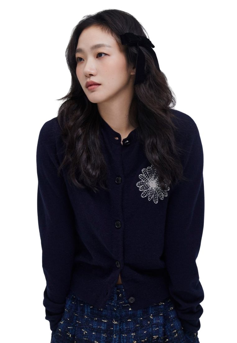 Cashmere Blended Cardigan Round Neck Navy Cream
