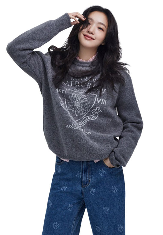 Cashmere Blended Pullover Alumni Emblem Grey Ivory