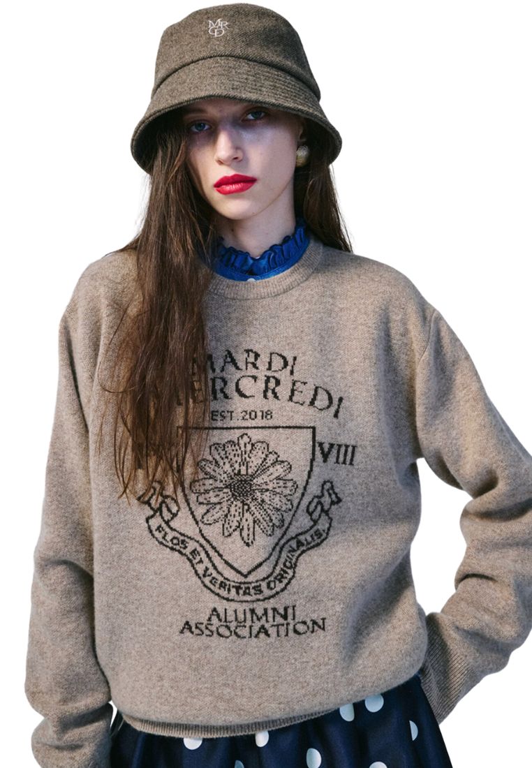Cashmere Blended Pullover Alumni Emblem Linen Brown