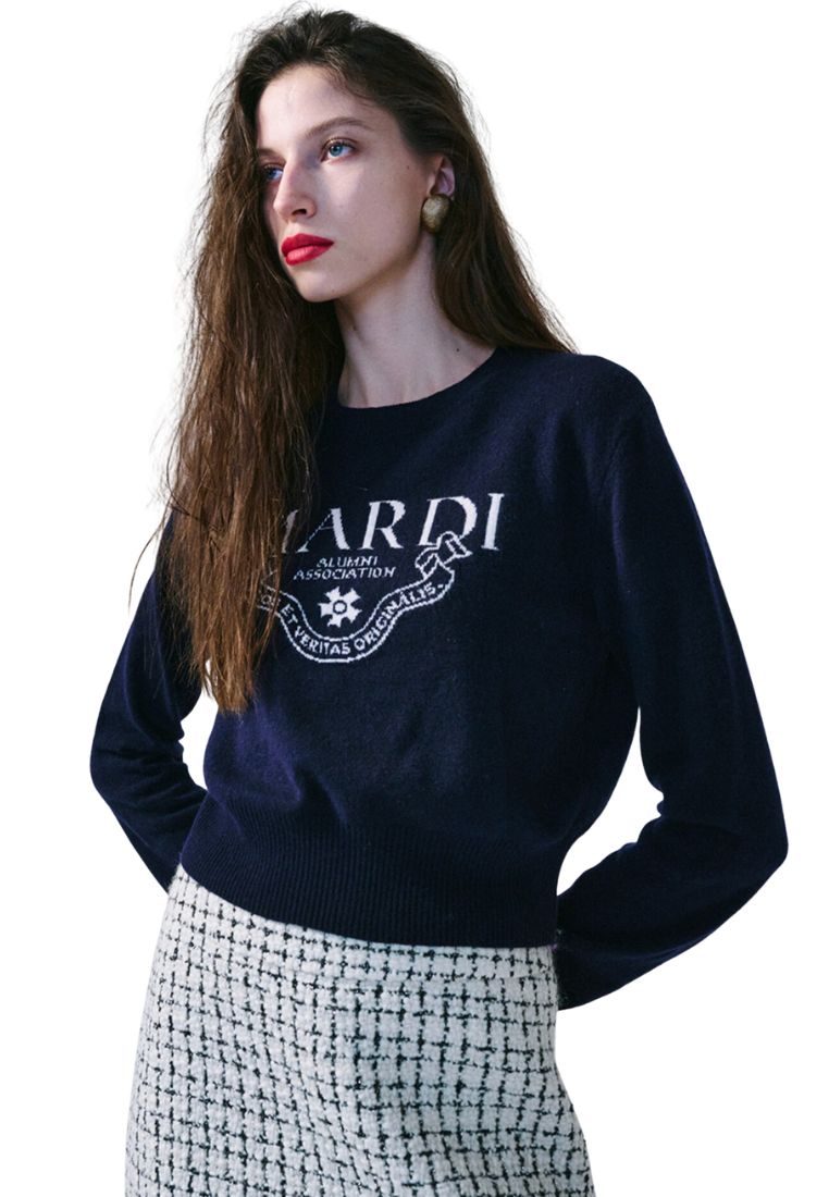 Cashmere Cropped Crew Neck Alumni Classique Navy Ivory