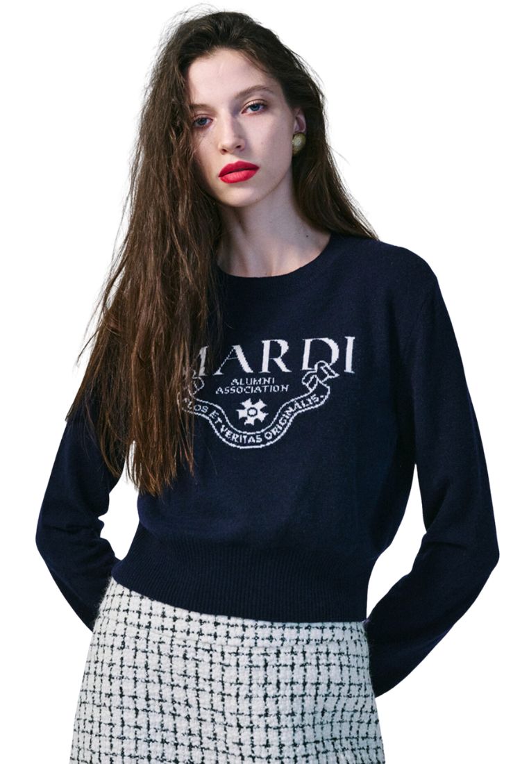 Cashmere Cropped Crew Neck Alumni Classique Navy Ivory