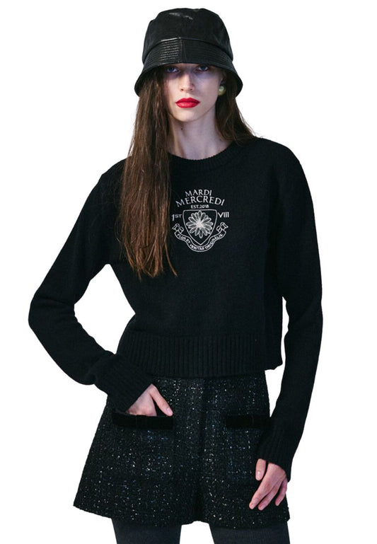 Cashmere Cropped Pullover Alumni Small Emblem Black Beige